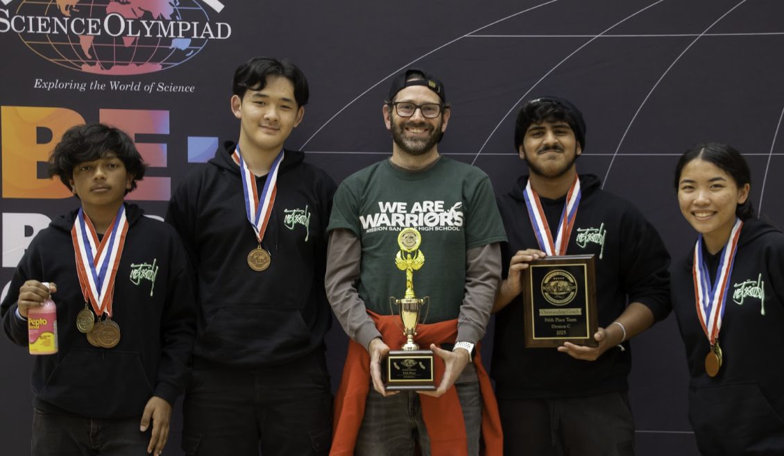 The Science Olympiad team and their coach holding a 5th place trophy and plaque in front of a Science Olympiad banner
